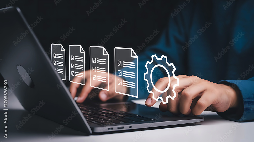 Poster hands typing on laptop with digital documents and gear icon symbolizing data management and automati