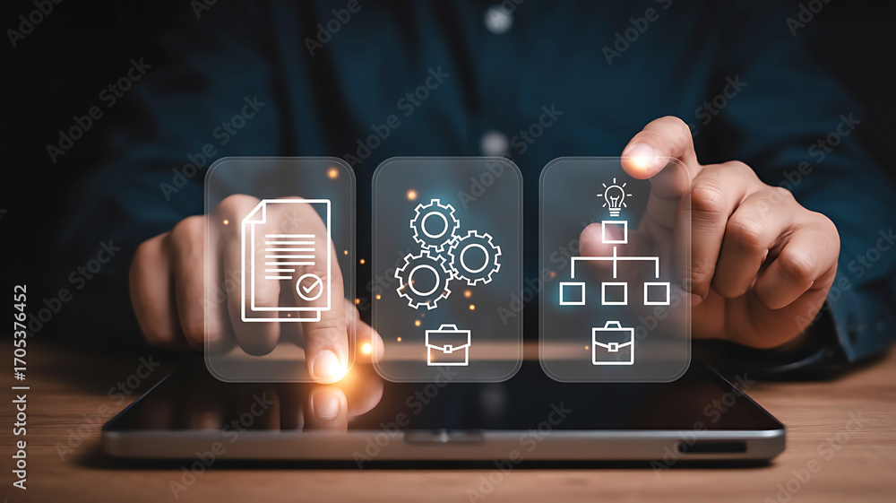 Poster person interacting with digital interface displaying business process workflow and document manageme