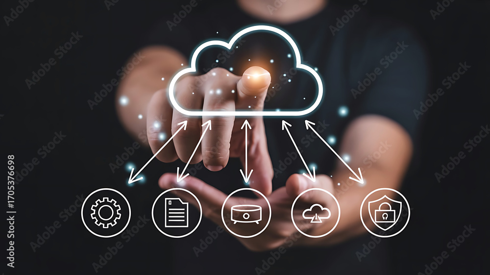 Poster person s hands interacting with a glowing cloud computing interface displaying digital icons represe