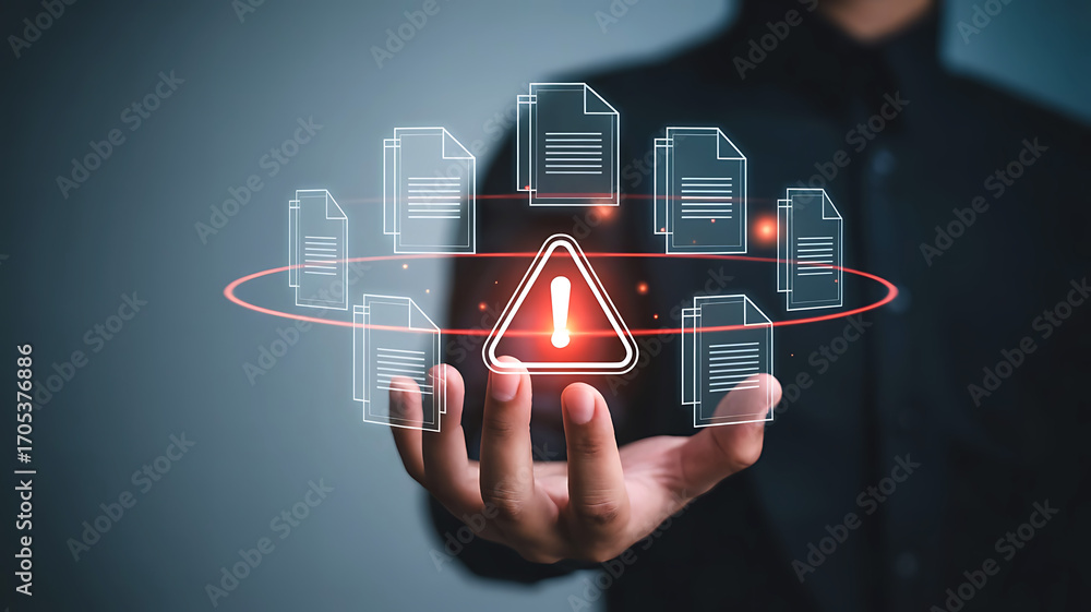 Poster man holding a glowing digital warning sign surrounded by abstract document icons representing data s