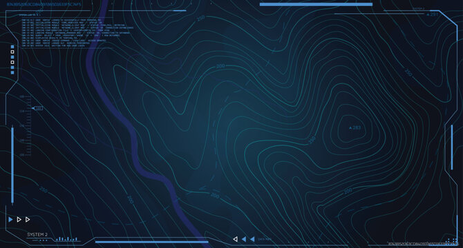 Futuristic blue topographic map with military HUD overlay. Elevation contours, digital interface elements for sci-fi, data analysis, military UI design. System loading, initialize military protocol.