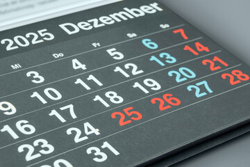 Deutscher Kalender Monat Dezember 2025  Feiertage Weihnachten und Silvester