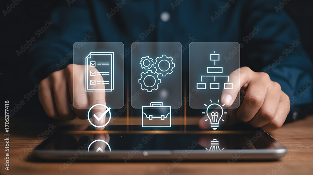 Poster person interacting with digital holographic icons representing business processes workflow and data 