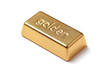 Small gold bar, rectangular shape, with the word "golden" embossed on its face.  Isolated on white background