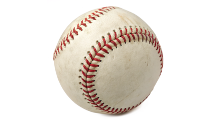 Classic baseball with worn leather and red stitching isolated on transparent background