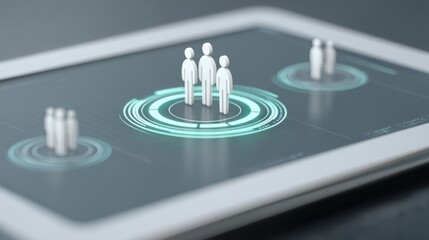 A digital interface displaying human figures in a circular layout, symbolizing connectivity and interaction technology.