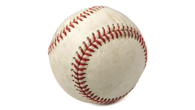 Classic baseball with worn leather and red stitching isolated on transparent background