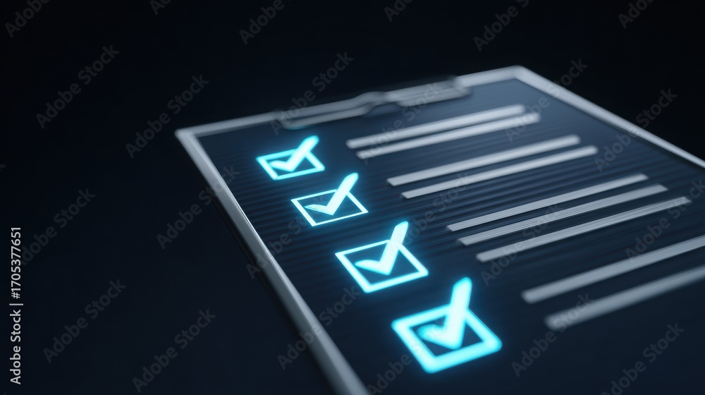 Aufkleber a glowing digital checklist with checked items on a dark background, symbolizing task completion and