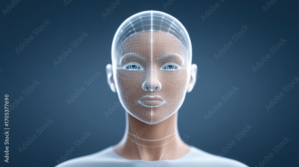 Poster a digital rendering of a human-like face with a wireframe structure, highlighting features and an ab