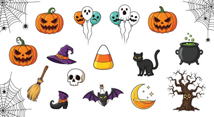 Halloween icons set featuring pumpkins, ghosts, witch hat, candy corn, black cat, cauldron, broom, skull, bat, moon, and spooky tree