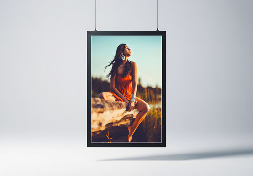 Minimalist Vertical Poster Mockup Hanging from Wires