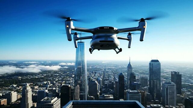A futuristic silver passenger drone an eVTOL air taxi takes off vertically from a skyscraper helipad flying over a modern city skyline showcasing urban air mobility.