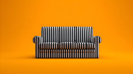 Striped couch with black and white pattern on a bright orange background