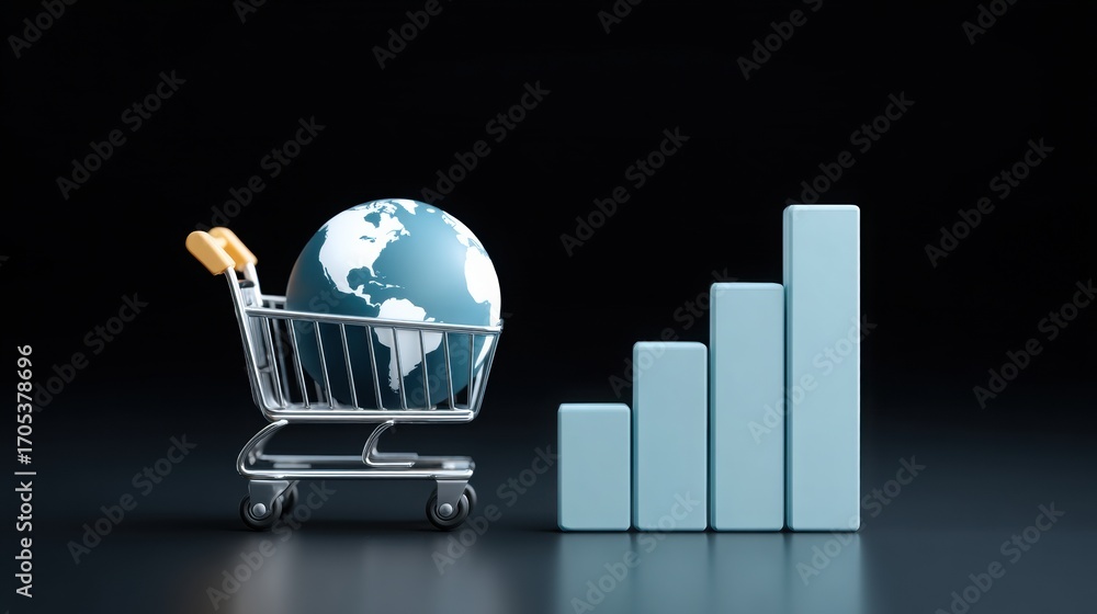 Poster a shopping cart containing a globe next to a rising bar graph, symbolizing global commerce and econo