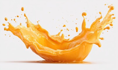 Orange juice splash against a plain background. A vibrant, dynamic splash of orange liquid erupts outward, forming a curved, blossoming shape.