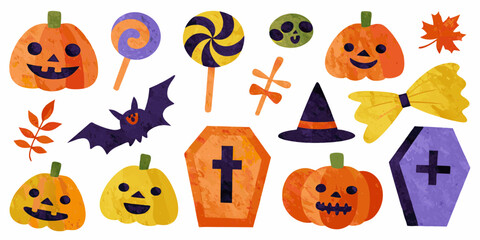 Collection of cute hand drawn halloween elements including pumpkins bats coffins and candies