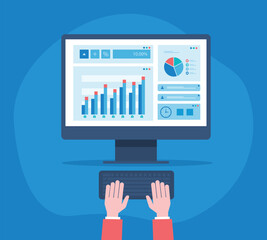 flat vector business people hand working on computer. and design concept business data analytics  with report graph moniter. and business finance investment growth concept