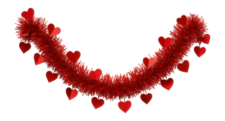 Red tinsel garland with heart-shaped embellishments and shiny texture