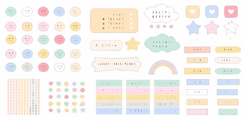 Collection of cute pastel hand drawn doodles and icons for journaling and scrapbooking