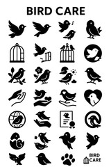 Obraz premium A simple collection of black glyph icons representing bird care, animal welfare, and wildlife conservation symbols