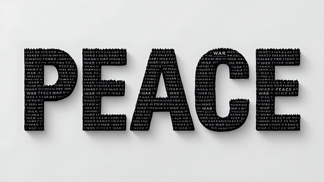 Creative typography art showing the word PEACE built entirely from repeated black WAR letters on a gray background, symbolizing anti-war and peace message - Powered by Adobe