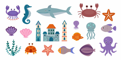 Collection of cute cartoon sea creatures and underwater elements with a castle and aquatic plants