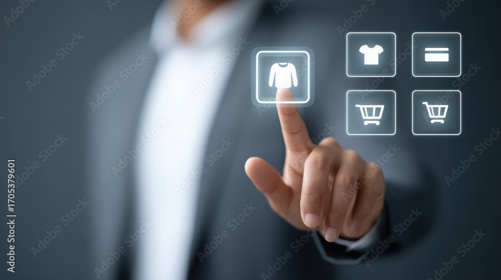 Poster a businessman interacts with an online shopping interface, selecting a clothing item through a touch