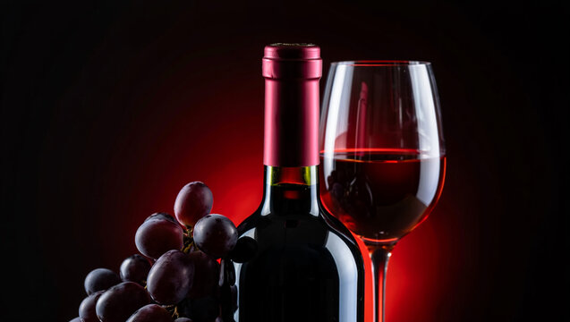 A bottle of red wine and a glass of wine against a red background.