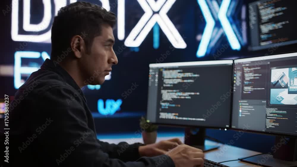 Poster focused asian programmer coding on computer with dual monitors, technology and software development 