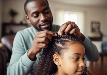 African American father braiding daughter's hair at home