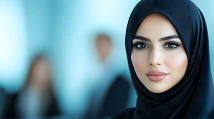 Arabian Businesswoman in office with Businesspeople meeting in the background, Arabian woman wearing Hijab in office with her colleagues in background