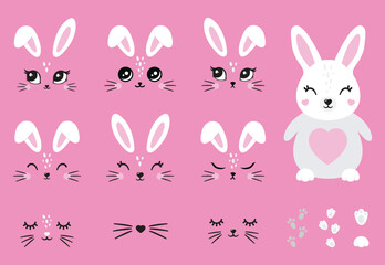 Cute white bunny easter cartoon kit set. Collection of design objects: ears, faces, different emotions, tummies, eyes, mustaches, noses isolated on pink background. Vector illustration. Hare, rabbit 