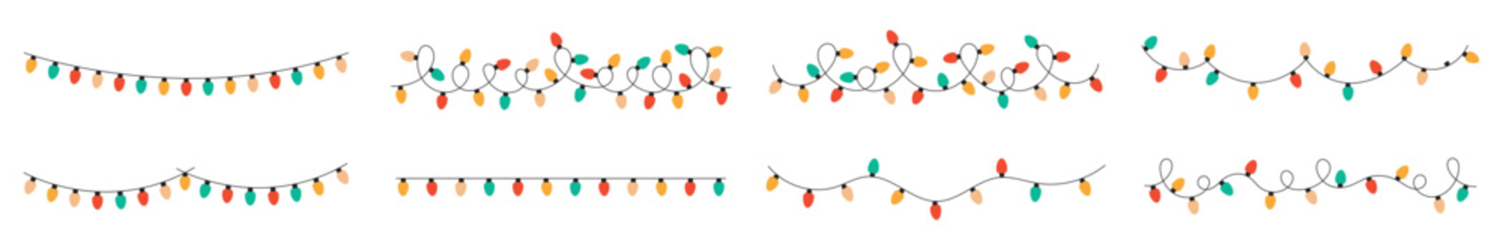 Big set of Christmas garlands. Multicolored lights isolated. Garland of glowing bulbs. Flat design. White background. Vector.