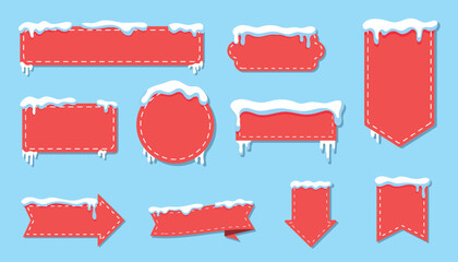 Christmas snow buttons, set of Christmas and New Year red banners with snow caps.vector illustration