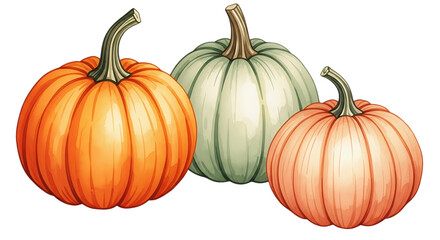 Obraz premium Three pumpkins of different color and size isolated on transparent background