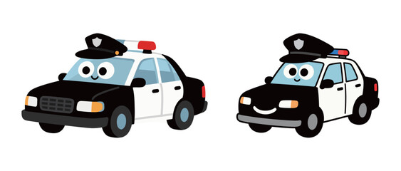 Two cute police car cartoon characters with happy faces and hats. © cheng