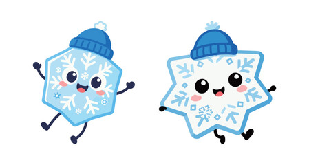 Two cute snowflake cartoon characters with blue winter hats.