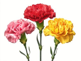Three carnations in red, pink, and yellow, arranged in a vertical row against a white background.  Close-up view highlights the petals' texture and vibrant colors