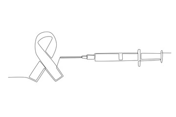 Injections and red ribbons. World aids day concept one-line drawing
