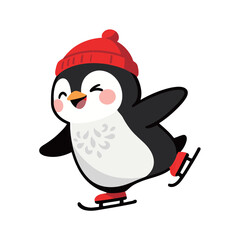 Cute penguin cartoon character wearing a red hat and ice skating.