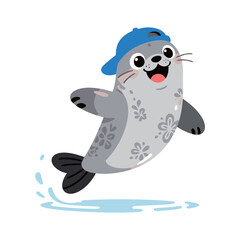 Cute sea lion cartoon character with a happy face, leaping out of the water.