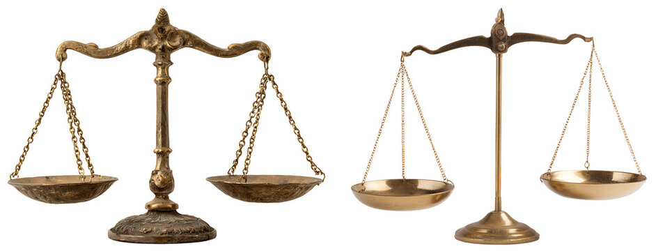 Set of Vintage Brass Scales of Justice, isolated on a transparent background.