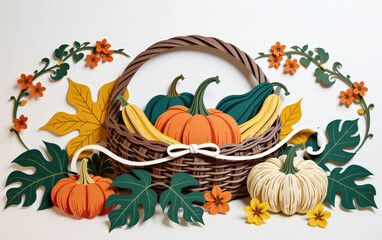 Paper cut, paper art for Thanksgiving on autumn and fall season. A decorative illustration of a basket filled with colorful pumpkins and leaves, set against a floral backdrop.