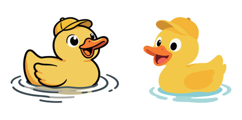 Two cute rubber duck cartoon characters with happy faces and yellow hats.