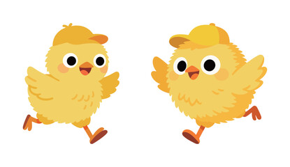 Two cute chick cartoon characters running with happy faces and yellow hats.