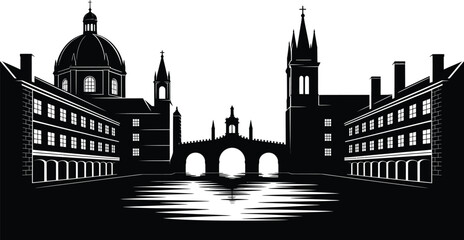 Obraz premium Detailed Silhouette of a European Cityscape with River Reflection and Architectural Landmarks Vector
