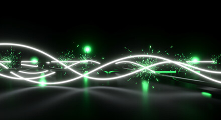 Abstract Glowing Green Lines and Sparks on a Dark Surface, Digital Art