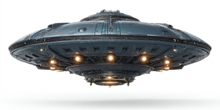 Dark gray, saucer-shaped UFO, hovering.  Detailed, futuristic design with glowing lights