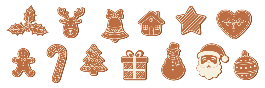 Set of Christmas gingerbread. Icons, doodles. Traditional Christmas cookies. Vector illustration on transparent background.