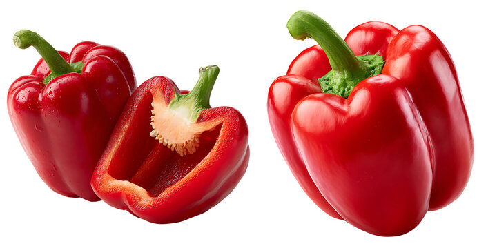 Set of Whole and Sliced Red Bell Peppers with Water Droplets, isolated on a transparent background.